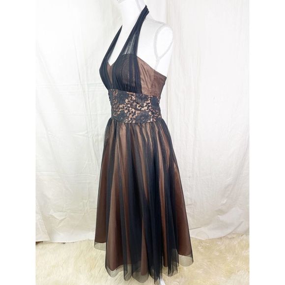 Vintage 90's Does 50's Bronze And Black Halter Dress - Full Skirt - Picture 5 of 7